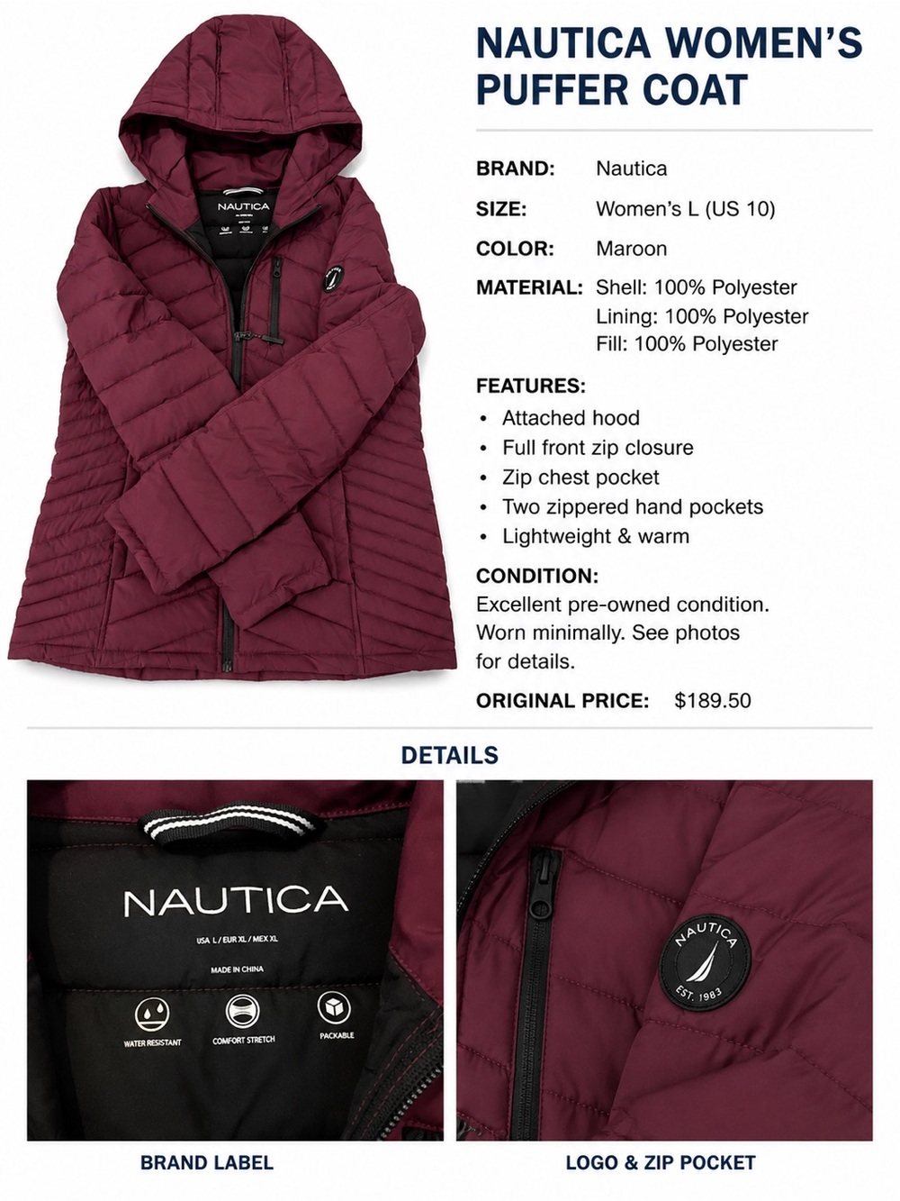 Nautica Women's Maroon Hooded Puffer Jacket